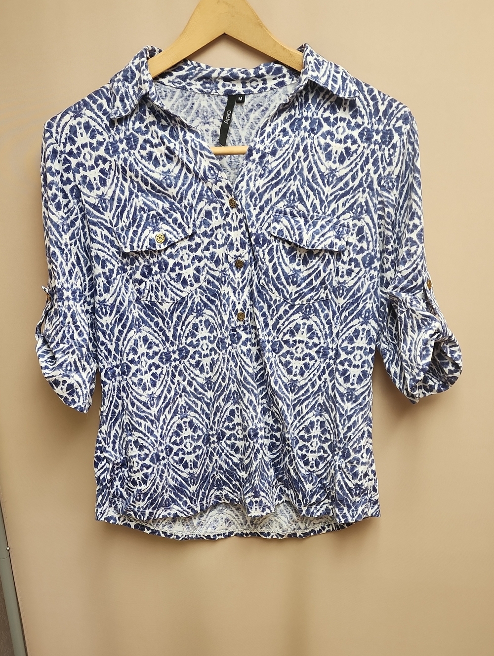 Women’s Blue & White Printed Button-Front Blouse